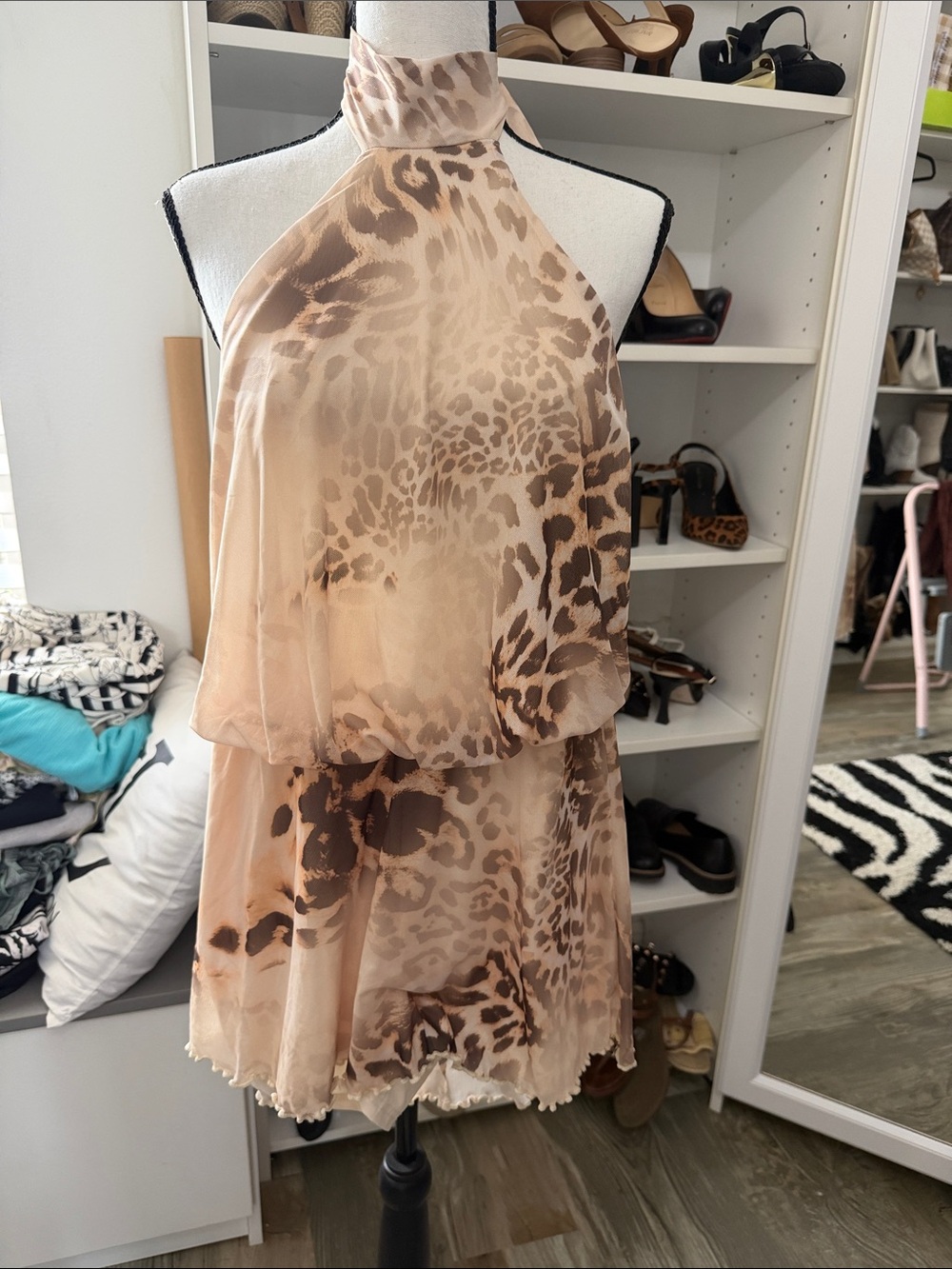 SHEIN Beige & Brown Animal Print Halter Backless Dress